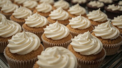 Display of small frosted cupcakes in a pastry shop