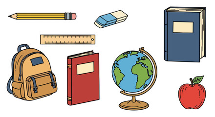 School supplies layout featuring items like book, globe and backpack for education. Back to school preparation and stationery with learning tools as school supplies.