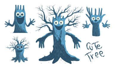 Fototapeta premium Cute tree character vector set. Blue funny hand drawn tree