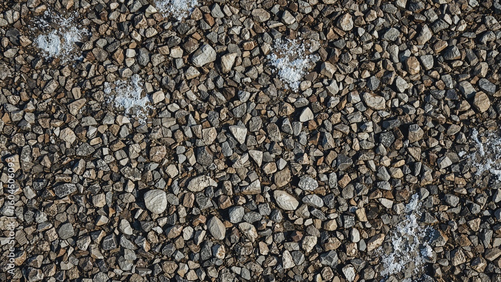 Poster sharp close-up of a pebble road with scattered snowflakes, showing a textured and raw surface. ideal