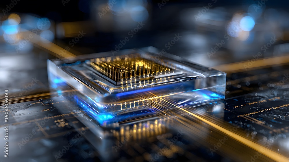 Poster closeup of a futuristic microchip with glowing circuits