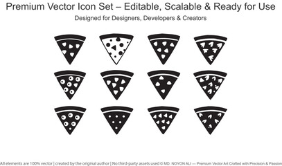 Black and white pizza slice icons with various toppings and patterns pizza icon food icon