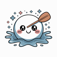 Cartoon ball character with paddle and water splash and stars on a white background illustration