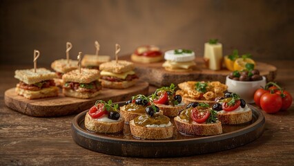 Fototapeta premium Authentic Mediterranean tapas selection for lunchtime, bite-sized sandwiches platter, savory appetizer dishes