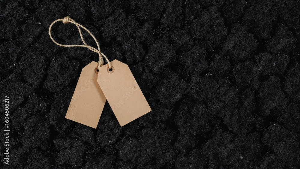 Poster two empty brown gift labels with strings placed on a dark sponge surface, positioned on the edges.