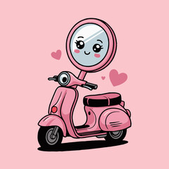 Cartoon pink scooter with a mirror face and hearts floating around on a pink background design