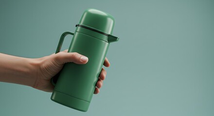 Hand Holding Green Thermos on Light Blue Background Studio Shot