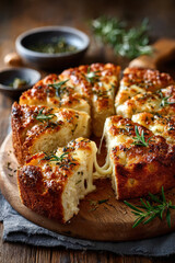 Cheesy garlic bread on wooden board with fresh herbs and dipping sauces
