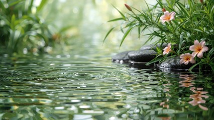 Naklejka premium Spa stones and flowers adorn a traditional bamboo water fountain, close-up view with text space