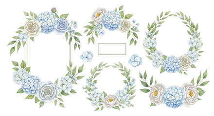Floral wreaths and frames with roses and hydrangeas, watercolor style, isolated on transparent background