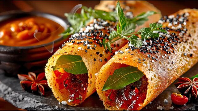 Crispy South Indian dosa rolls stuffed with chutney, topped with sesame seeds and herbs, served with a side of spicy dipping sauce