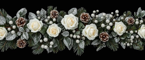 Elegant winter floral arrangement with white roses pinecones silver leaves and frosted berries sparkling softly on plain black background