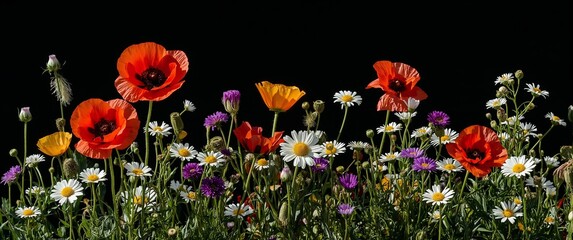 Hyperreal summer field flowers poppies cornflowers and chamomile with sun kissed lighting arranged on plain black background
