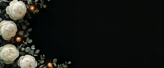 Memorial floral frame of ivory peonies and eucalyptus with soft candlelight glows arranged peacefully on plain black background