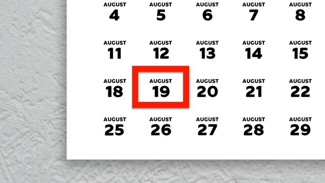 Close-up of the date August 19th marked with a red cursor on the wall calendar 2025