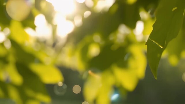 Sun dappled foliage produces dreamy lemon green bokeh captured creamy depth field new forty word title underscores royalty free K nature ambience flexible overlay use wellness vlogs inspirational