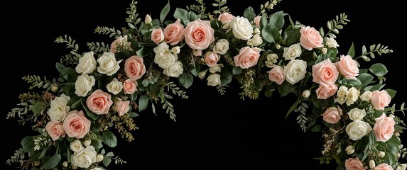 Realistic floral arch with blush roses white peonies and greenery for romantic weddings glowing softly on plain black background
