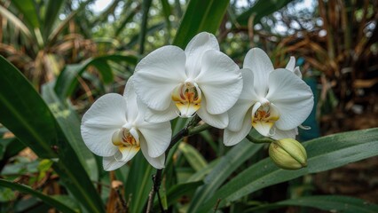 Outdoor scene with white orchids and lush green foliage