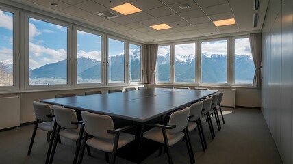 Modern conference room with panoramic mountain view meeting table