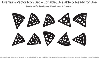 Black pizza slice icons with various toppings on a white background food