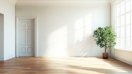 Obraz premium A minimalist, empty room with a large window and a potted plant on the floor.