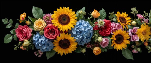 Vibrant summer floral bouquet with sunflowers roses and blue hydrangeas in full bloom radiating beauty on plain black background