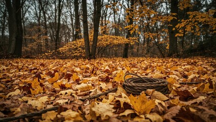 Autumn landscape featuring a forest floor covered with yellow leaves and a coiled rope surrounded by trees and vibrant foliage.