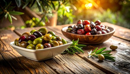 Olives in bowls on a rustic wooden table, bathed in warm sunlight