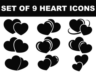 Nine heart icons in black silhouette designs showcase love and romance, ideal for Valentines, wedding, and creative graphic projects.