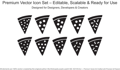 Black Pizza Slice Icons with Various Toppings on White Background food