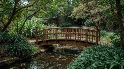 A peaceful garden retreat features a wooden bridge over a softly flowing stream amid rich foliage.