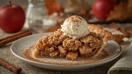 Homemade vegan apple crumble pie with cinnamon and vanilla ice cream, a healthy and fresh vegetarian dessert