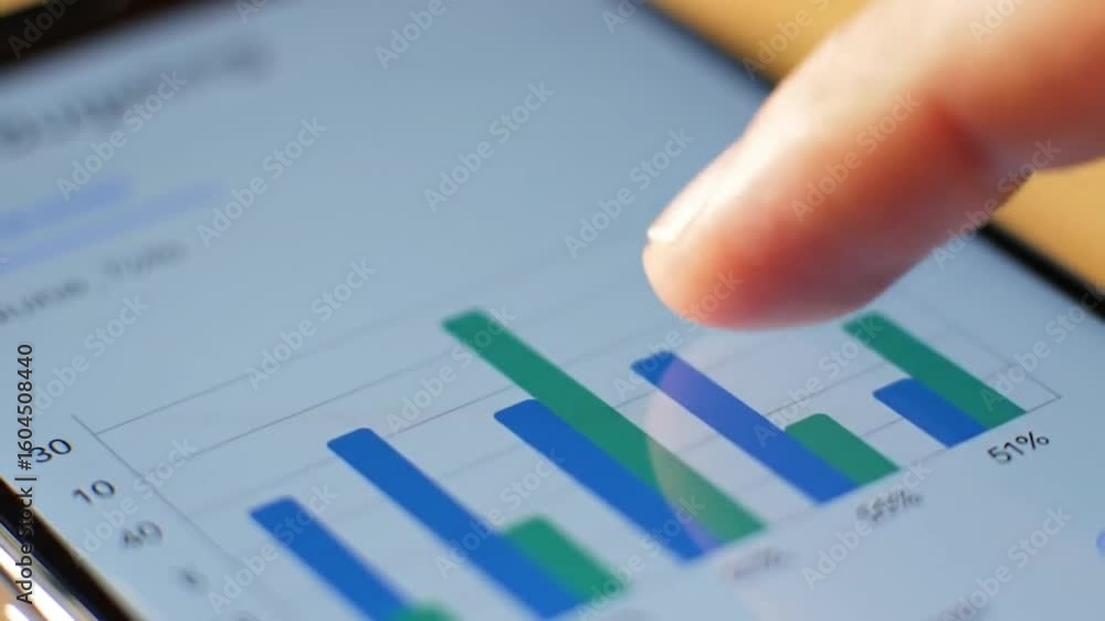 Poster finger touching a digital screen displaying a bar graph of data analysis in blue and green