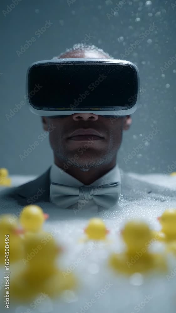 Poster man in virtual reality headset surrounded by rubber ducks in a playful foam setting
