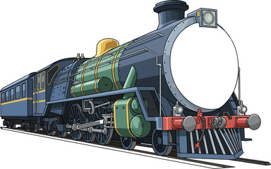 Classic blue train and passenger carriages traveling on tracks is rendered in a stylized cartoon illustration with flat design and clear lines, ideal for transportation or educational marketing.