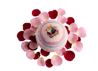  striped bath bomb surrounded by pink rose petals isolated on transparent background