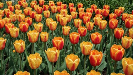 Vibrant tulips in shades of yellow, orange, and red blooming in a garden bed. Bright floral spring-themed backdrop.