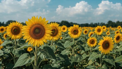 Fototapeta premium Vibrant yellow sunflowers in a lush agricultural field, showcasing natural beauty and ecological harmony.