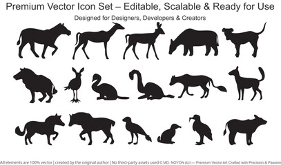 Black Silhouette Animal Icons Set Featuring Mammals Birds and Reptiles vector