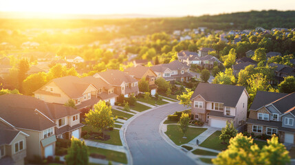 A picturesque suburban neighborhood with houses, trees, and a winding road at sunset.