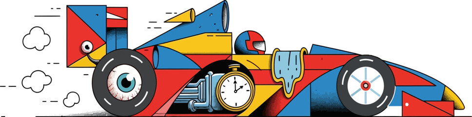 Abstract formula race car speeds along, featuring an eye, watch, and graphic elements, rendered in bright red, yellow and blue, perfect for creative and technology-themed designs.