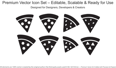 Black pizza slice icons with white circular and triangular toppings on a white background vector