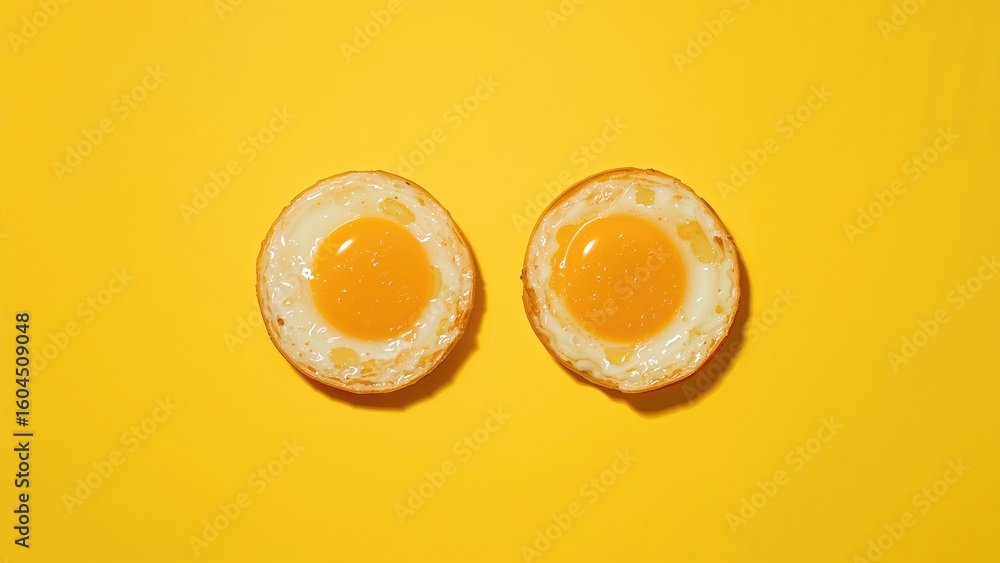 Poster a pair of fried eggs with intact yolks on a vivid yellow backdrop. circular shaped eggs viewed from 