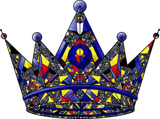Detailed geometric crown features a mosaic of vibrant blue, yellow, and red triangles, creating a regal and artistic design on a white background ideal for royalty or creative themed concepts.
