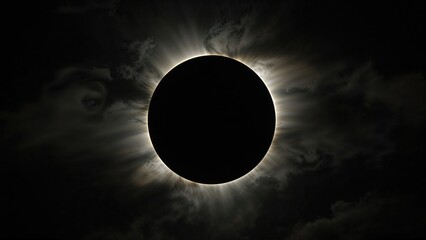 Breathtaking natural spectacle of a total solar eclipse displaying a glowing diamond ring effect in a cloudy sky with tranquil scenery.