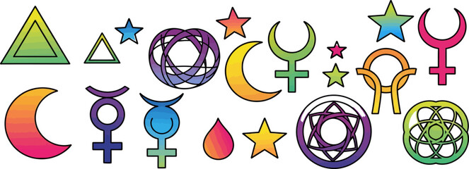 Various colorful esoteric symbols with rainbow gradients float on a white background creating an eye-catching, stylized composition perfect for use in spiritual or design-related projects.