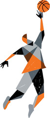 Abstract geometric basketball player jumping to shoot an orange ball, illustrated in a modern, fragmented style on a white background, perfect for sports or design-related projects.
