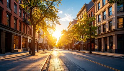 Fototapeta premium Sunny city street at sunrise