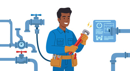 Smiling Plumber Holding Wrench Near Plumbing System.