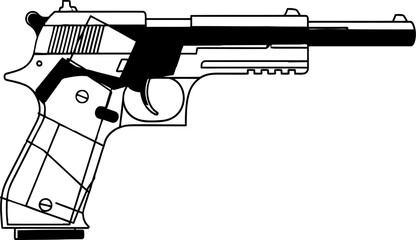 Striking black and white handgun illustration in a vector format depicted on a clean background, showcasing intricate details and bold lines ideal for graphic design and editorial projects.